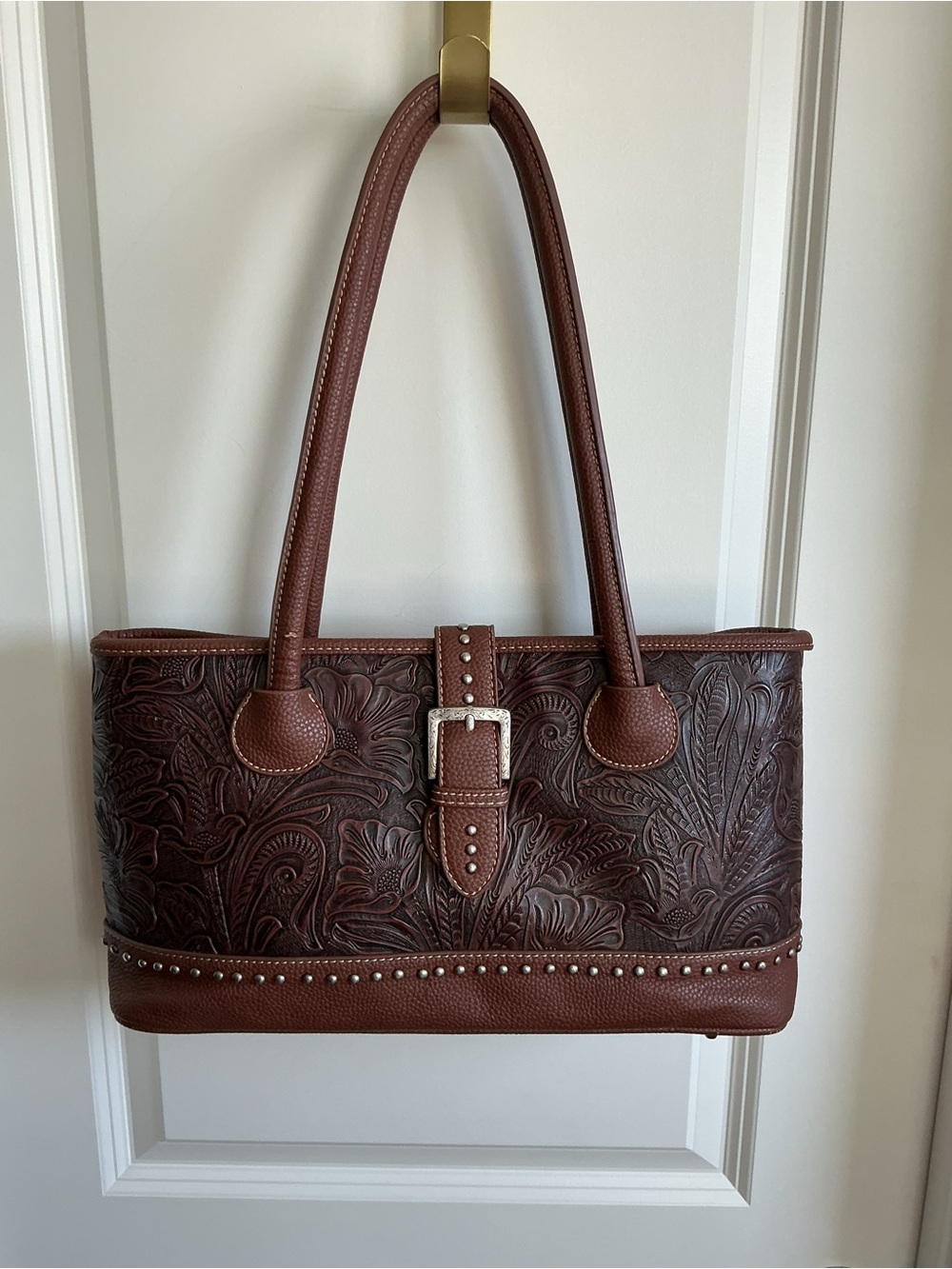 Brown Leather Shoulder Tote with Stud and Buckle Detail
